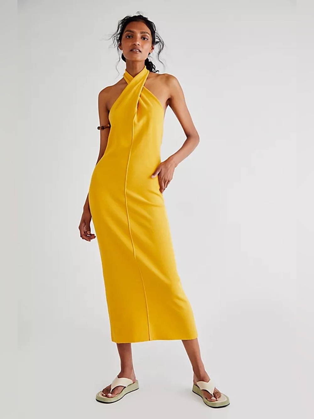FP Beach Lisa Sweater Midi Dress Honey Tea Yellow Ribbed Halter Free People